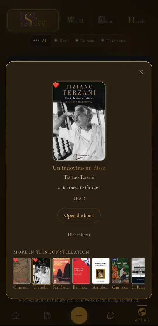 A book card in Sky: Un indovino mi disse by Tiziano Terzani, in the constellation Journeys to the East
